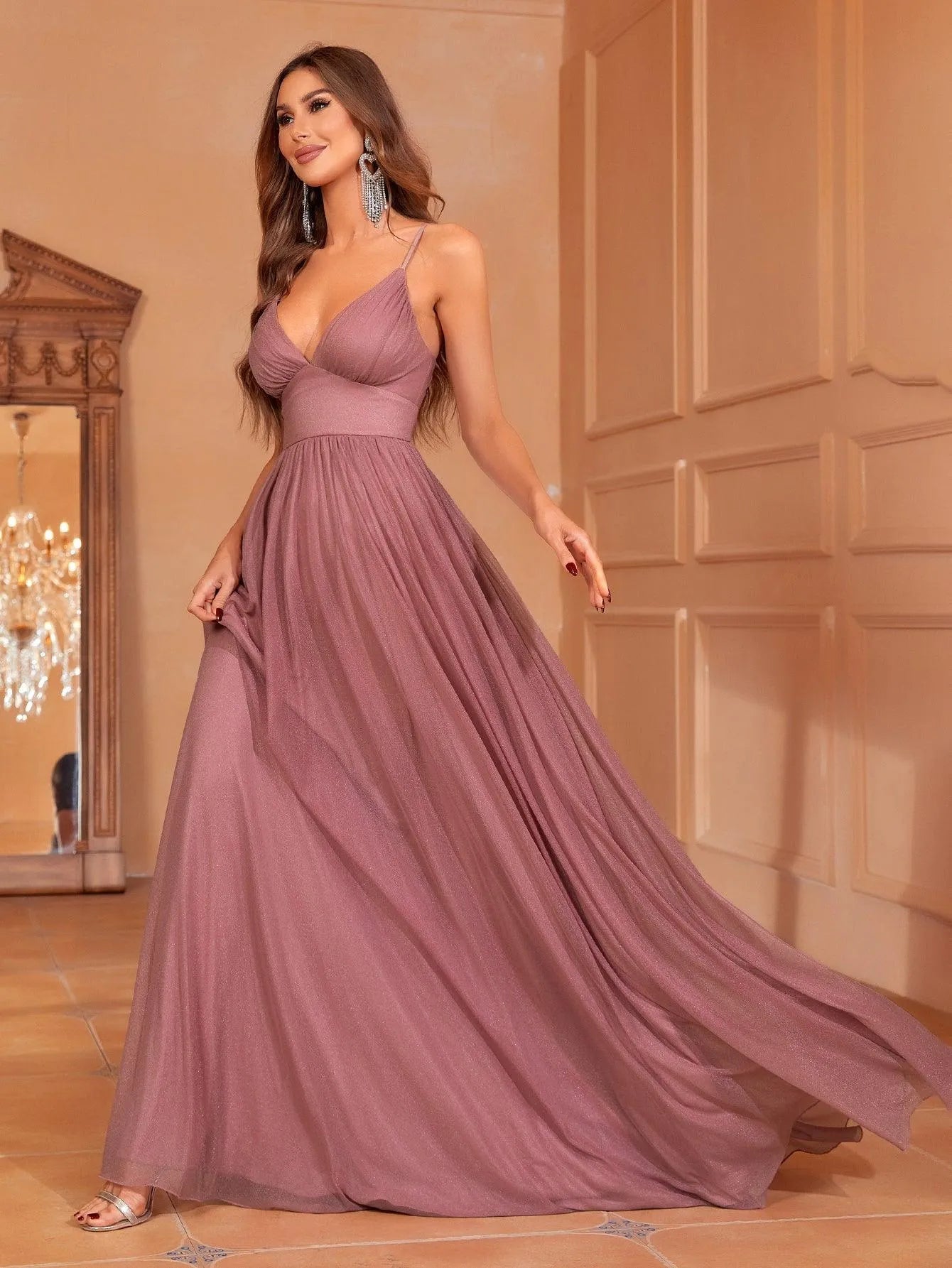 Cami Strap Chiffon Backless A-Line Sleeveless Evening Gown in Mauve