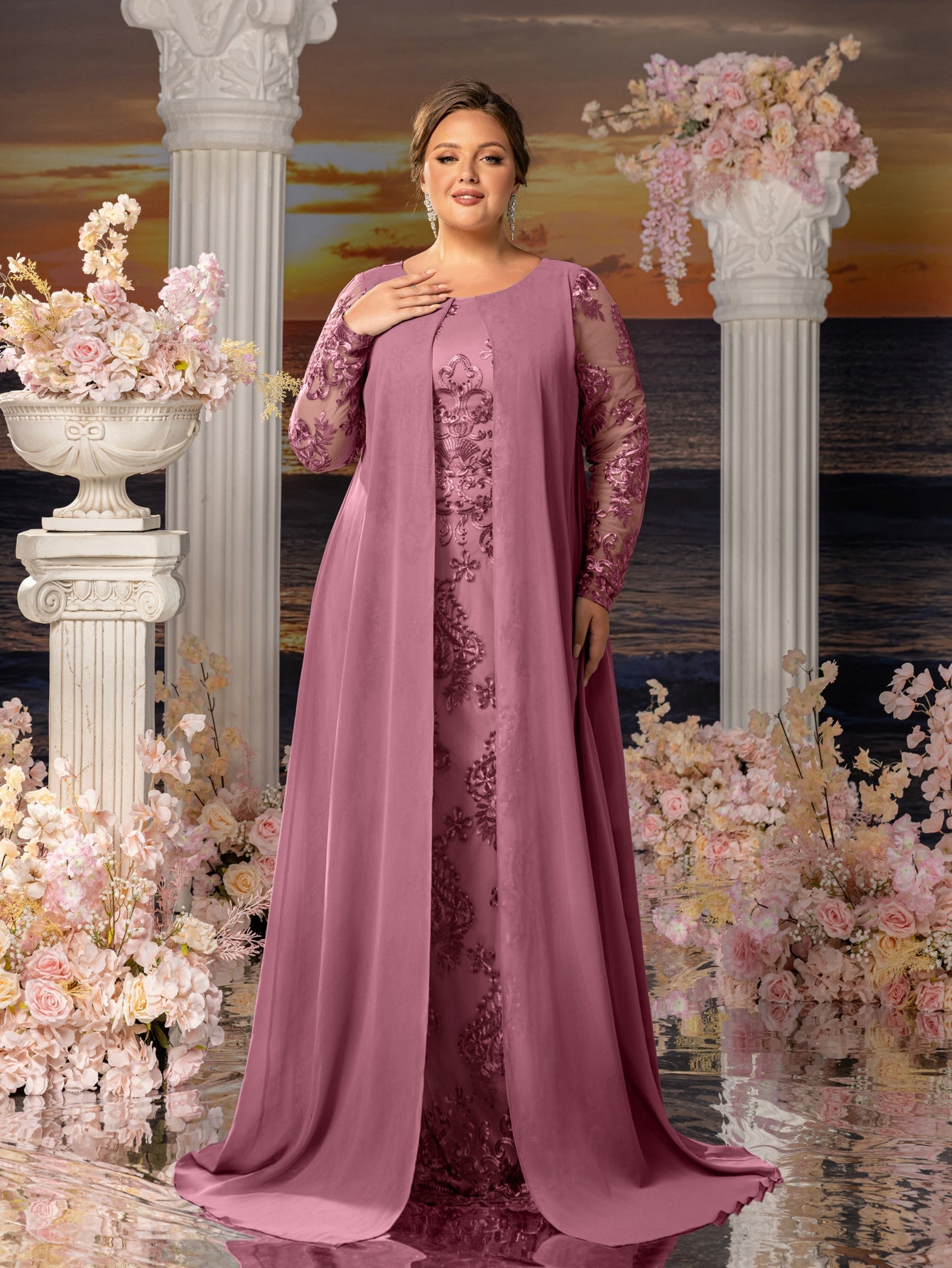 Additional product view of Plus-Size Lace Long-Sleeve Mermaid Floral Mother-of-the-Bride Dress