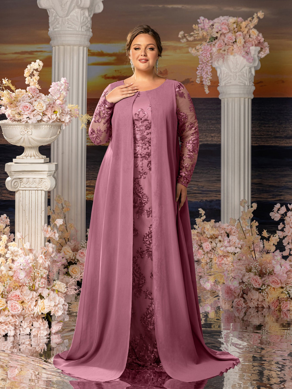 Additional product view of Plus-Size Lace Long-Sleeve Mermaid Floral Mother-of-the-Bride Dress