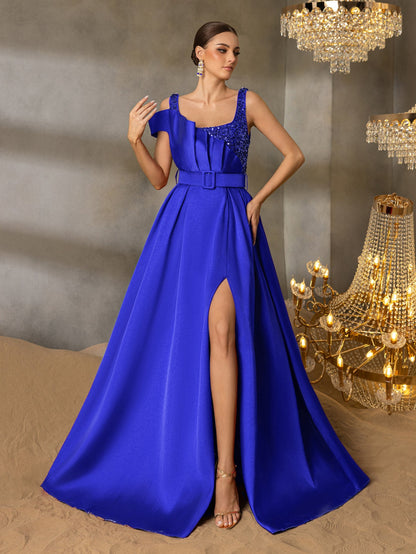 Elegant Square Collar Buckle Belted Split Satin Prom Dress