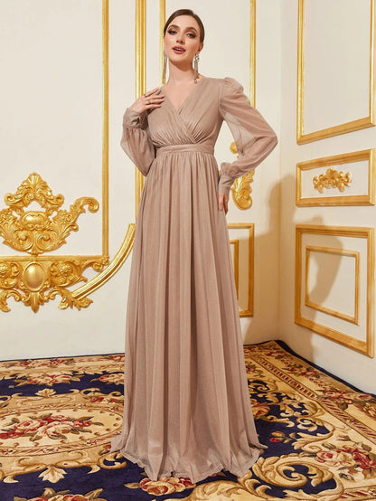 Additional product view of V-Neck Chiffon A-Line Long-Sleeve Maxi Evening Gown
