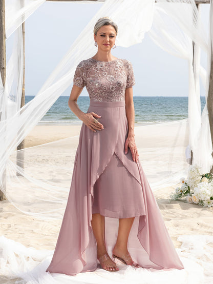 Additional product view of Embroidered Sequin Bodice Asymmetrical Lace Boat-Neck Short-Sleeve Mother-of-the-Bride Dress