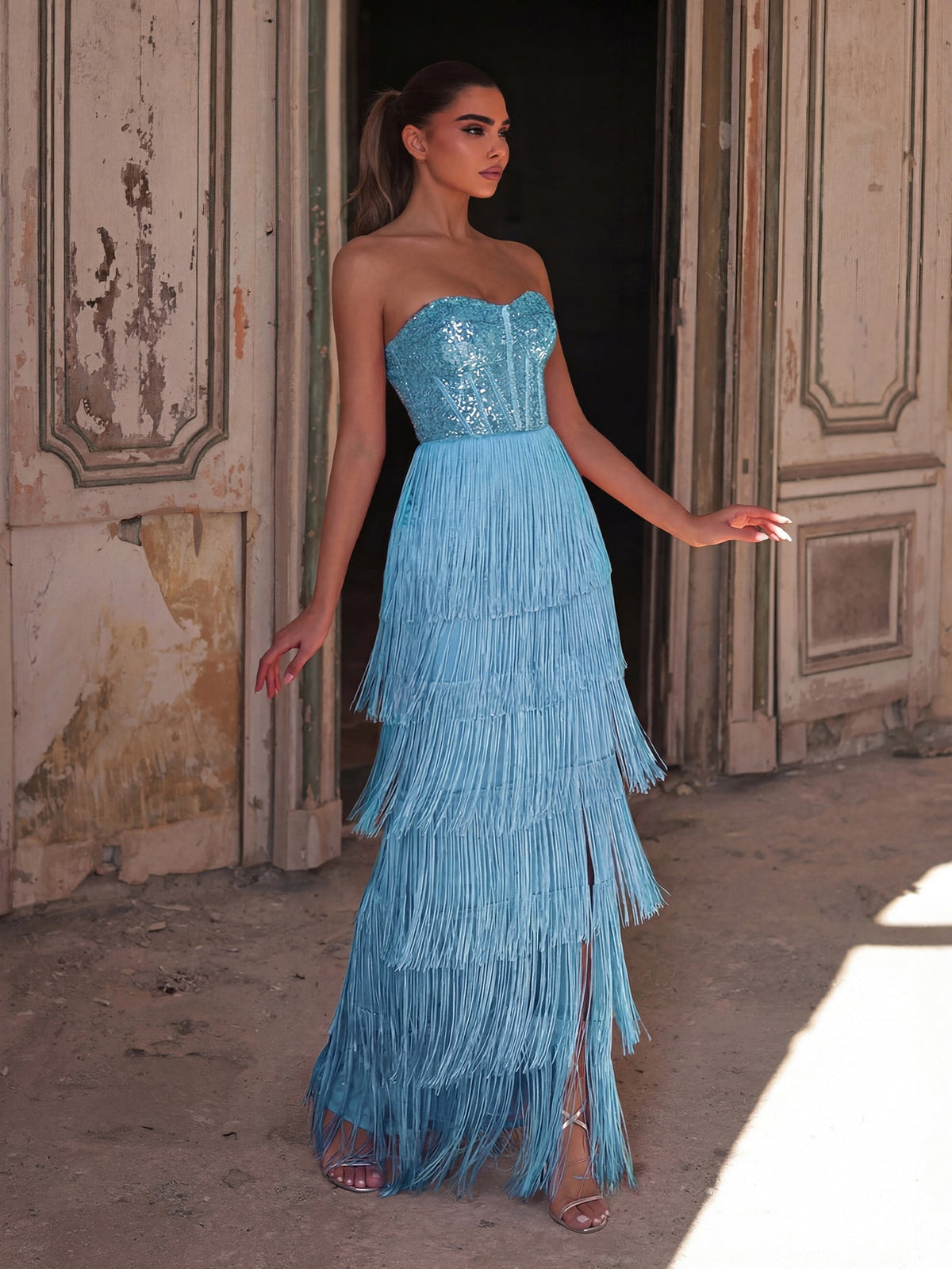 Sparkling Sequin & Fringe Maxi Dress | Strapless Sweetheart Neckline, High Side Slit, Open Back | Glam Evening Gown for Parties, Galas, Prom