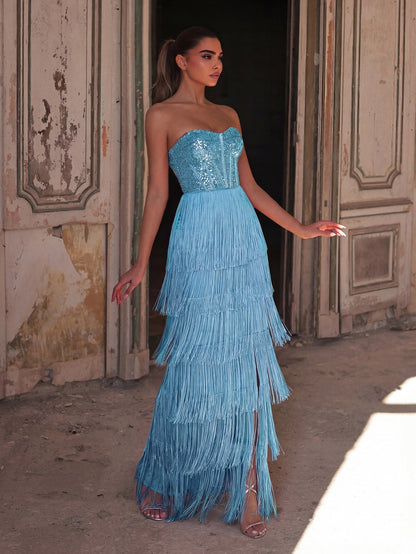 Sparkling Sequin & Fringe Maxi Dress | Strapless Sweetheart Neckline, High Side Slit, Open Back | Glam Evening Gown for Parties, Galas, Prom