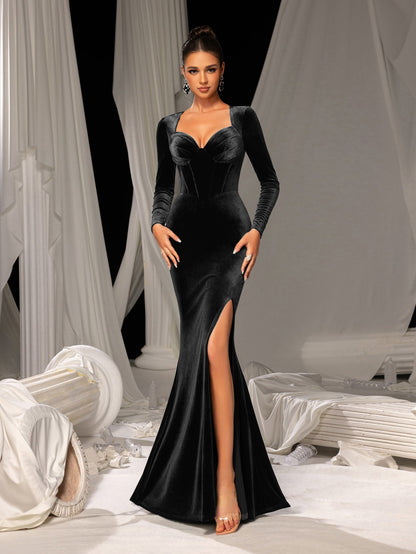 Elegant Velvet Evening Gown – Sweetheart Neckline and Thigh-High Slit, Luxury Dress for Glamorous Evening Wear, XS-XL – view 25