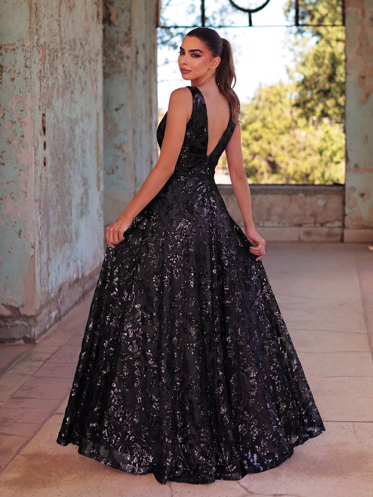 Plunging Neck Sleeveless Embroidered Sequin Dresses