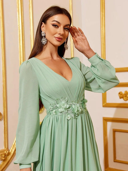 Floral Applique Lantern Sleeve Chiffon Formal Dress