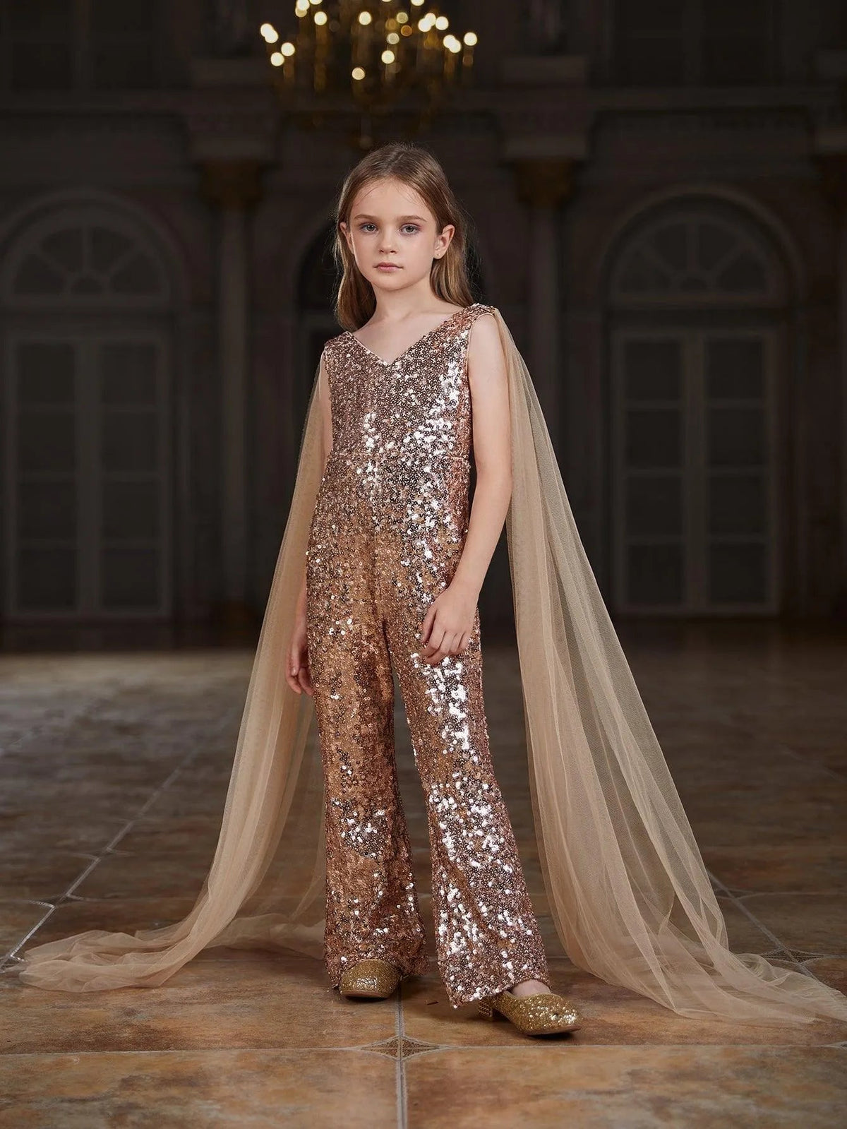 Cloak-Sleeve V-Neck Sequin Tween Girls' Party Jumpsuit in Champagne