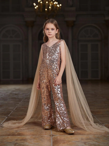 Cloak-Sleeve V-Neck Sequin Tween Girls' Party Jumpsuit in Champagne