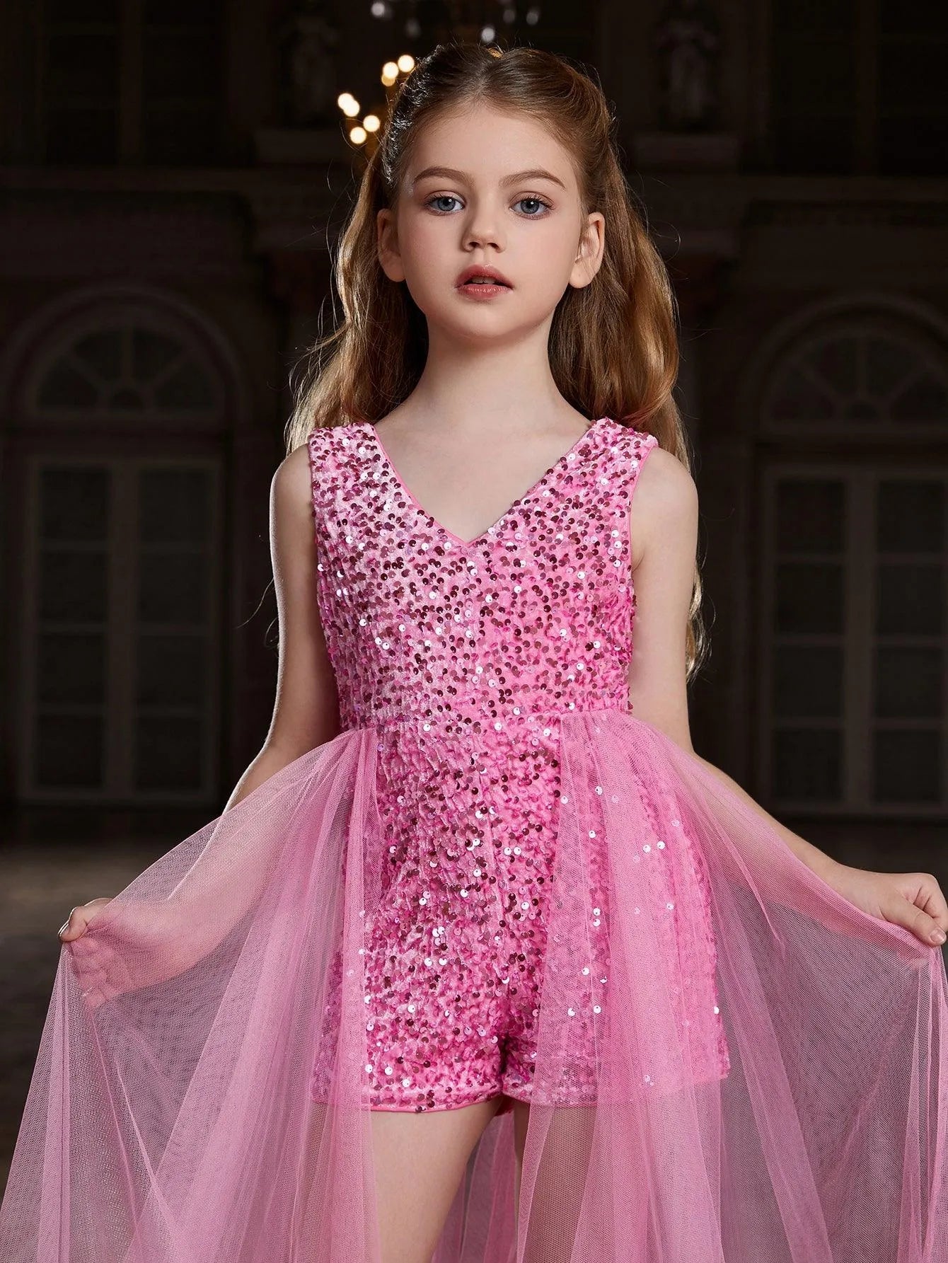 Additional product view of Mesh Overlay V-Neck Sequin Sleeveless Tween Girls' Formal Romper