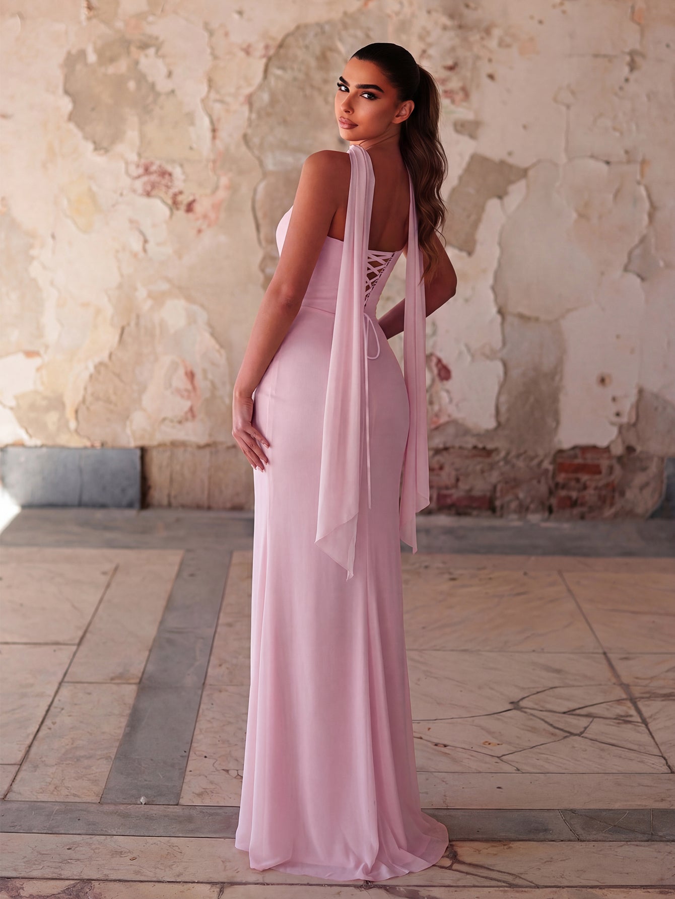 Additional product view of Lace-Up Back Strapless High-Slit Mermaid Sleeveless Evening Gown