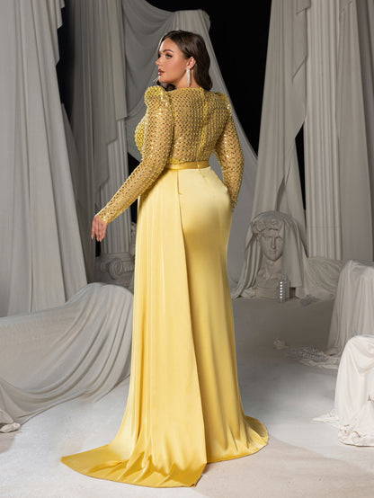 Plus Sequin Long Sleeve V-Neck Formal Dress, Satin Mermaid Train Evening Gown