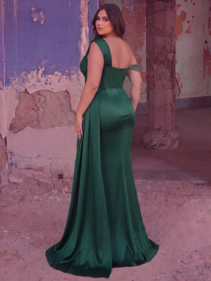 Plus Asymmetrical Neck Split Thigh Satin Mermaid Dress Evening Dress