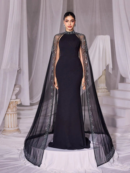 Additional view of Rhinestone Detail Mock Neck Mermaid Hem Formal Cape Evening Dress