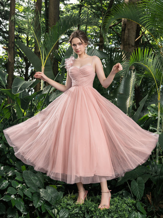 Tulle A-Line Sleeveless Midi Formal Dress in Pink