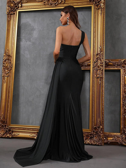 Additional product view of Draped Side High-Slit One-Shoulder Knit Mermaid Evening Gown