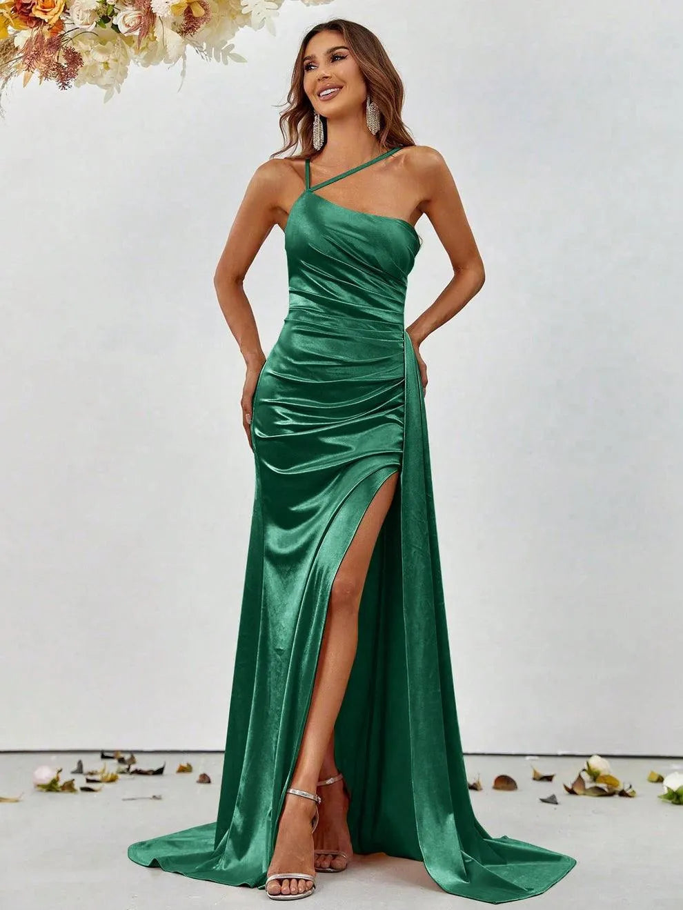 Additional product view of Asymmetrical Mermaid Hem Satin High-Slit Sleeveless Evening Gown