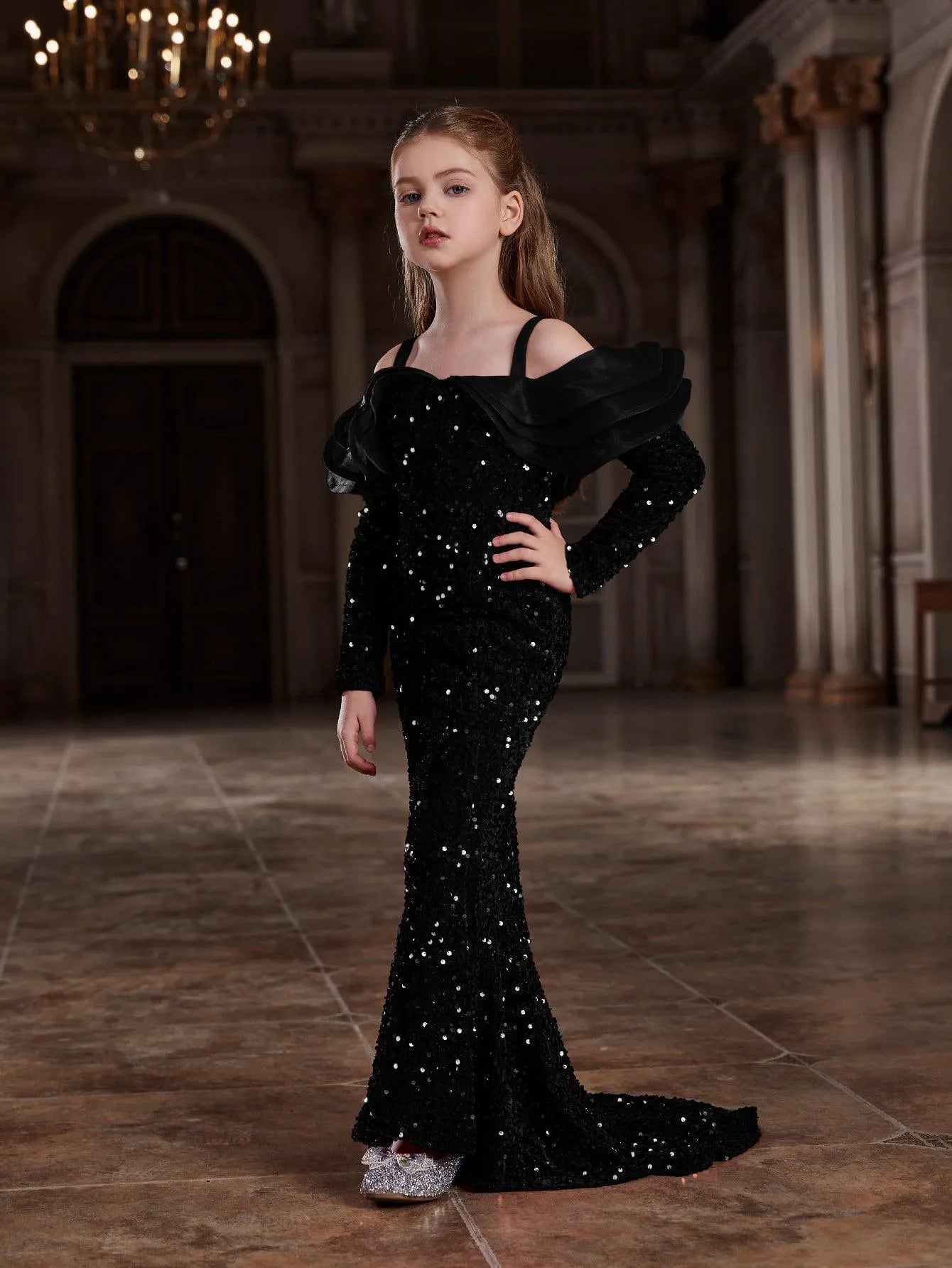 Additional product view of Ruffle Trim Off-Shoulder Sequin Mermaid Long-Sleeve Tween Girls' Party Dress