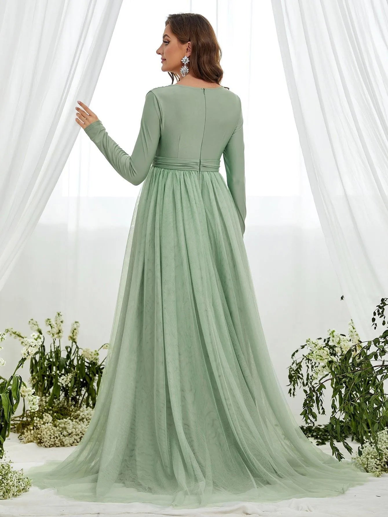 Additional product view of Contrast Mesh Plunging-Neck V-Neck Knit A-Line Maternity Evening Dress
