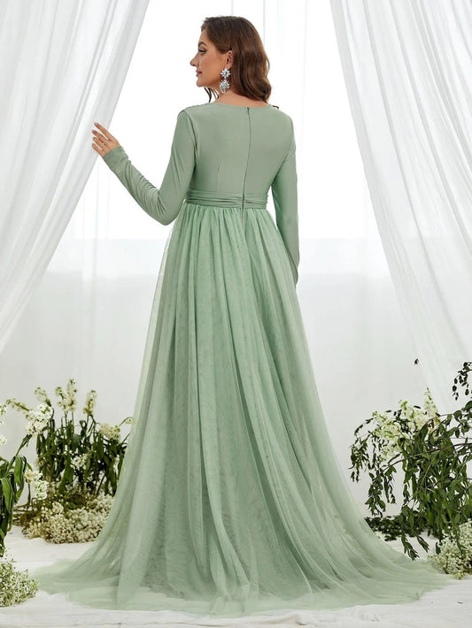Additional product view of Contrast Mesh Plunging-Neck V-Neck Knit A-Line Maternity Evening Dress