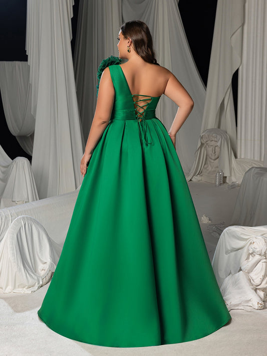 Plus Women's One-Shoulder Formal Dress | Statement Ruffle Trim Accent | Corset Back & High Split – view 2