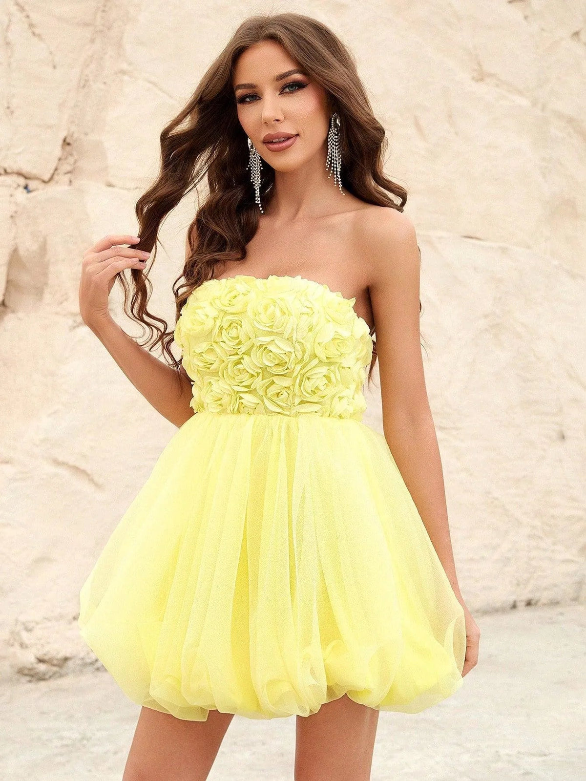 Strapless Chiffon 3D-Flower A-Line Sleeveless Mini Party Dress in Yellow