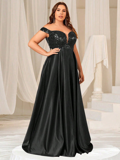 Plus Sweetheart Neckline Contrast Sequin Satin Prom Dress