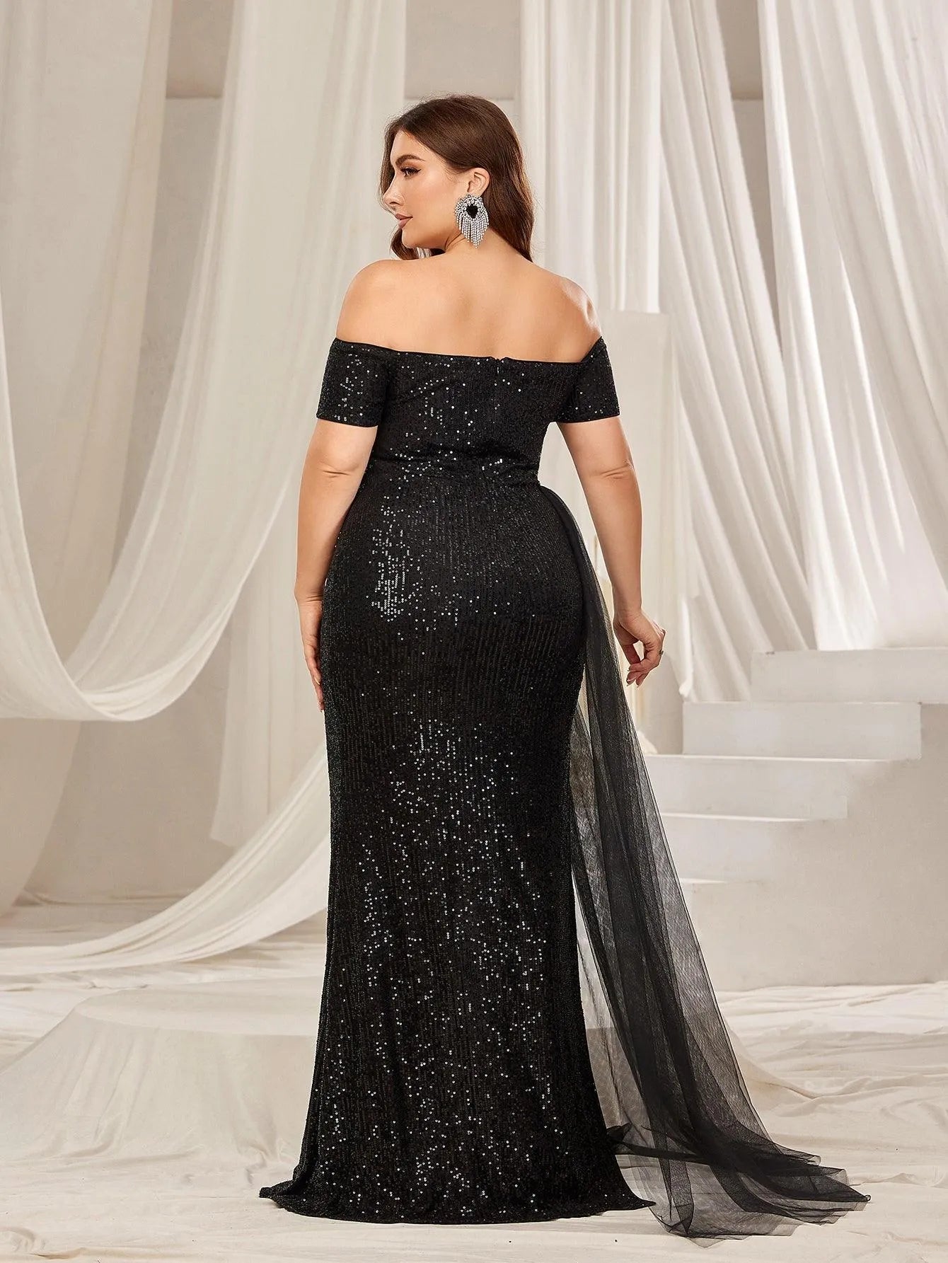 Additional product view of High-Slit Plus-Size Off-Shoulder Sequin Mermaid Evening Gown