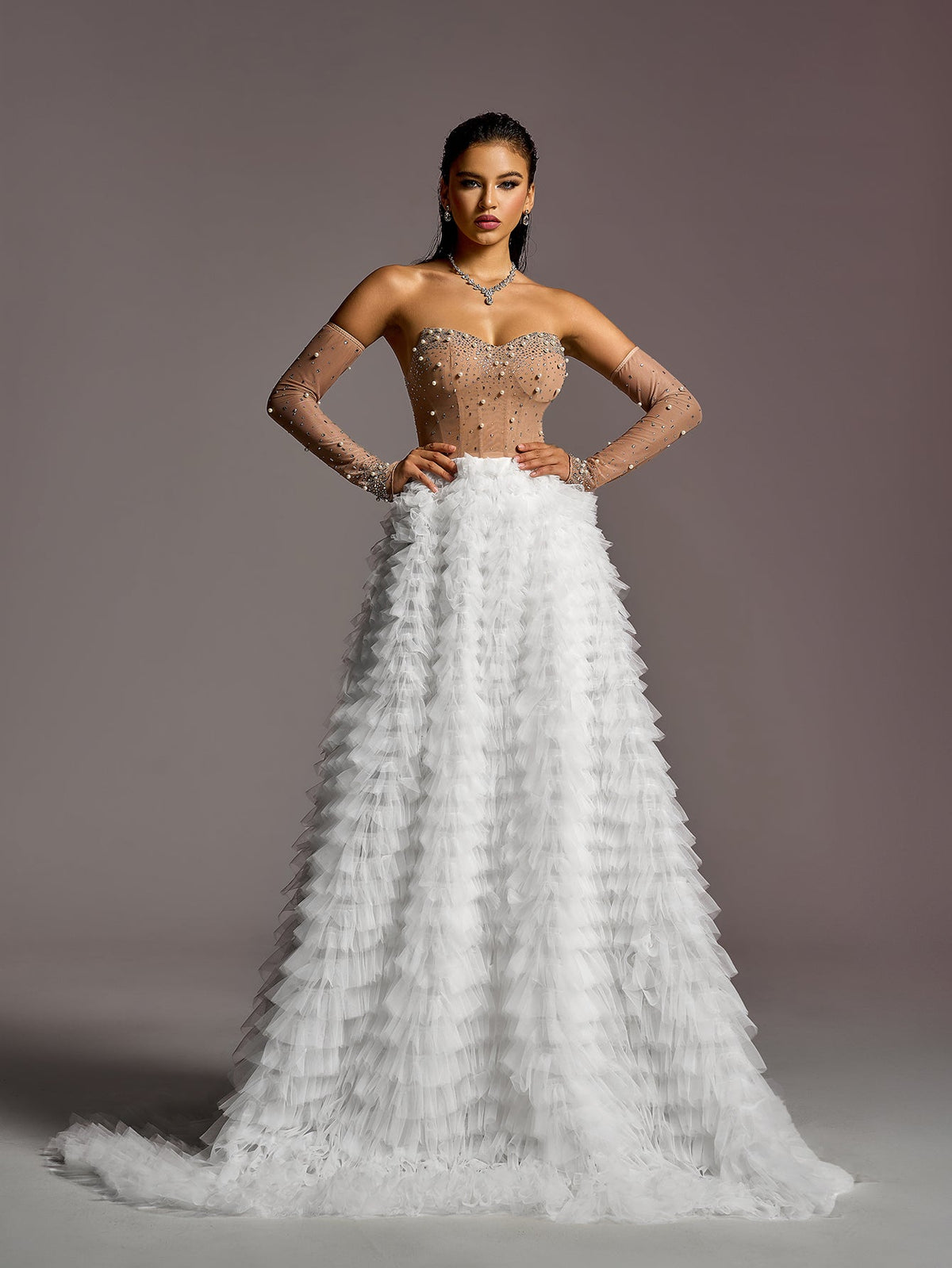 Sweetheart Rhinestone Long-Sleeve A-Line Wedding Gown — authorized product image 1