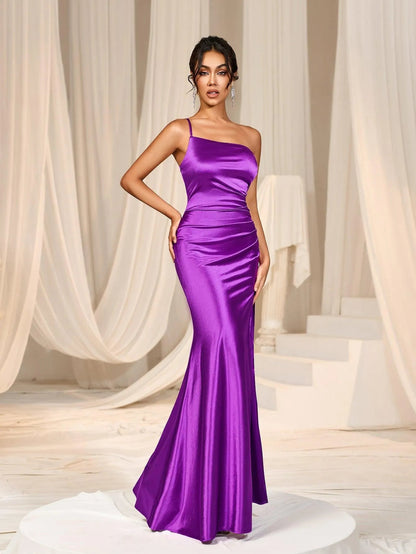 Additional product view of High-Slit One-Shoulder Satin Sheath Sleeveless Maxi Formal Dress