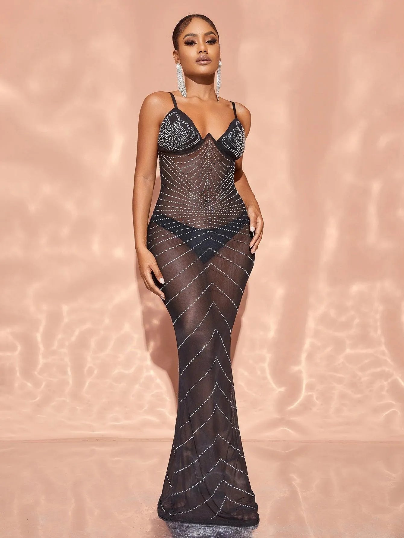 Chic Rhinestone Detail Sheer Mesh Cami Dress – view 3