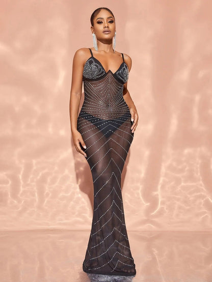 Chic Rhinestone Detail Sheer Mesh Cami Dress – view 3