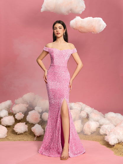 Alternate view of Mermaid Hem Off-Shoulder Sequin Short-Sleeve Maxi Teen Girls' Party Dress in Pink