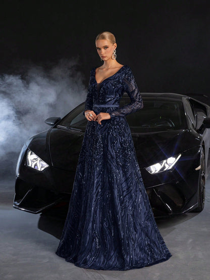 Elegant Plunging Neck Lace-up Back Graphic Sequin Formal Prom Dress