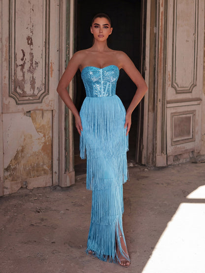 Sparkling Sequin & Fringe Maxi Dress | Strapless Sweetheart Neckline, High Side Slit, Open Back | Glam Evening Gown for Parties, Galas, Prom