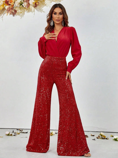 Alternate view of V-Neck Sequin Long-Sleeve Women's Two-Piece Formal Set in Red
