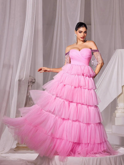 Off-Shoulder Fringed Sleeves Mesh Cake Dress