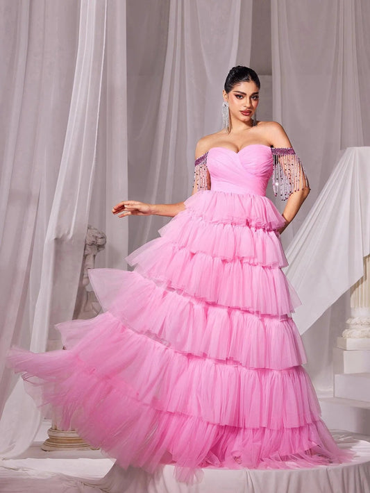 Off-Shoulder Fringed Sleeves Mesh Cake Dress