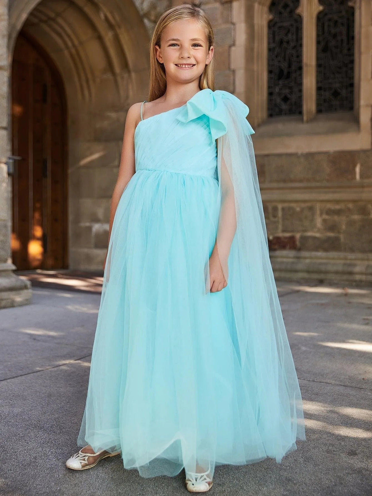 Tween Girls' One-Shoulder Tulle Sleeveless A-Line Formal Gown — authorized product image 1