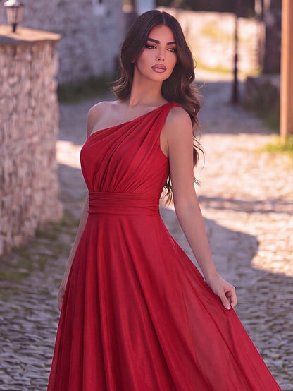 Additional view of One-Shoulder Chiffon Sleeveless A-Line Evening Gown