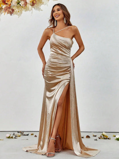 Alternate view of Asymmetrical Mermaid Hem Satin High-Slit Sleeveless Evening Gown in Champagne