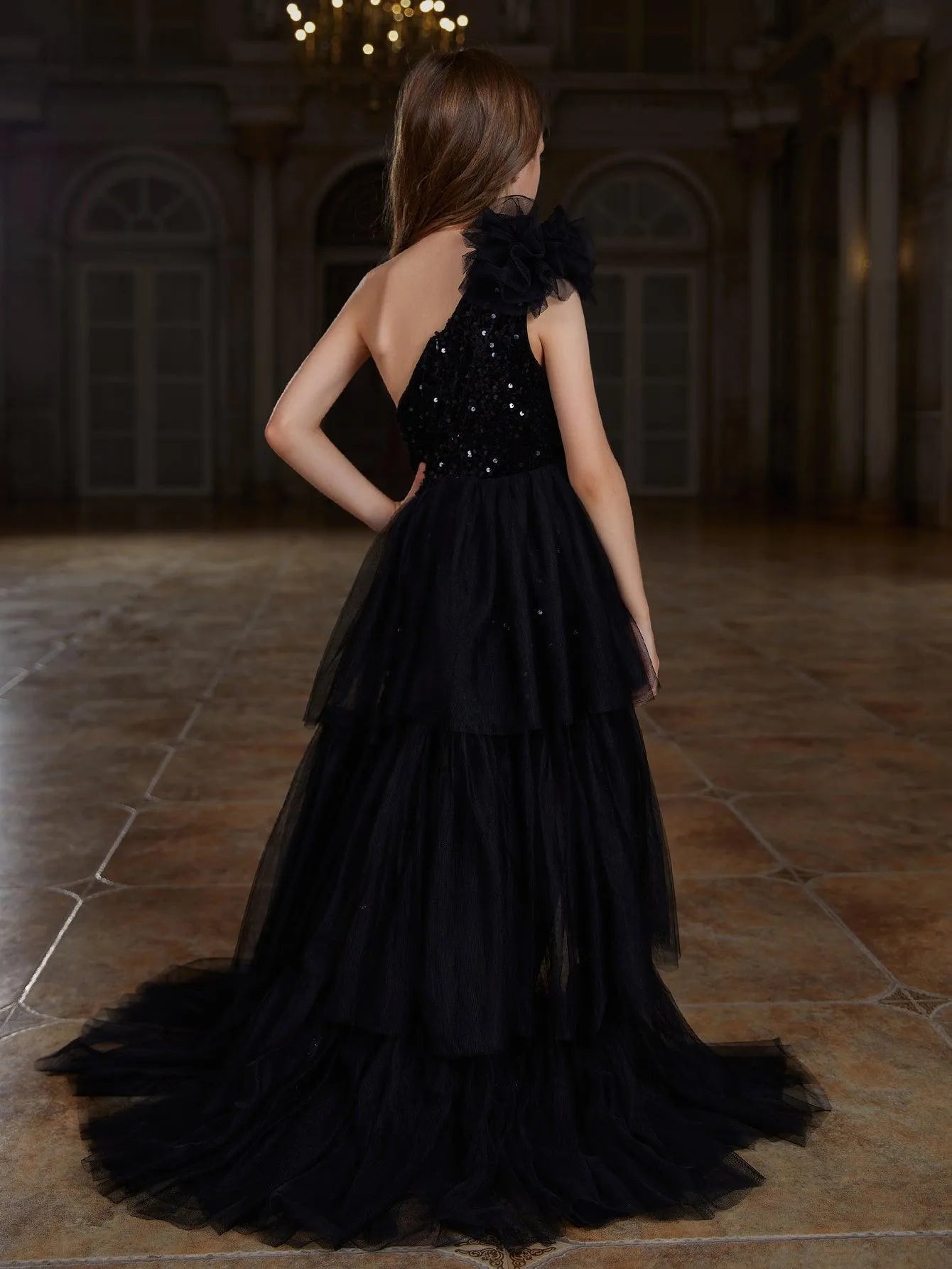 Additional product view of Layered Hem One-Shoulder Sequin A-Line Sleeveless Tween Girls' Party Dress