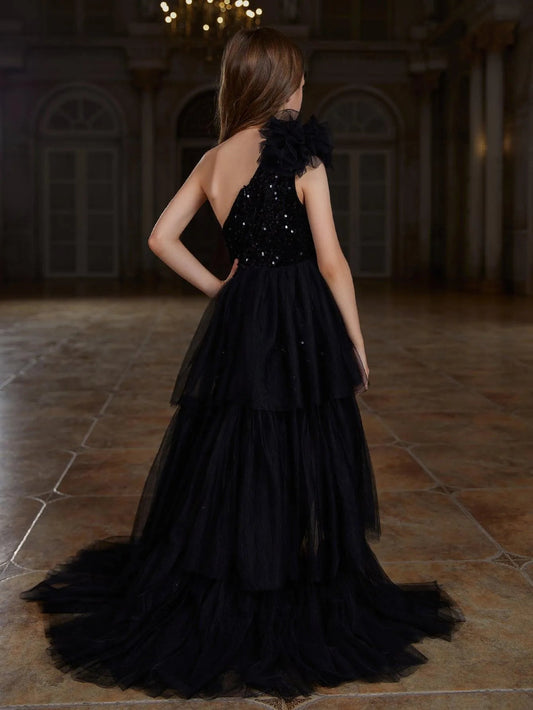 Additional product view of Layered Hem One-Shoulder Sequin A-Line Sleeveless Tween Girls' Party Dress