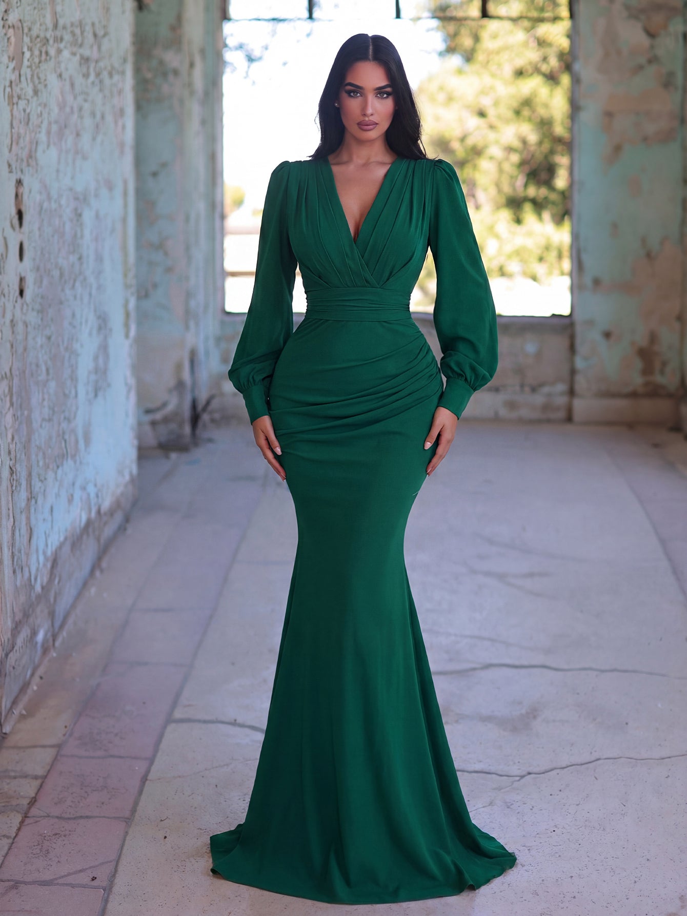 Additional product view of Surplice-Neck V-Neck Chiffon Mermaid Long-Sleeve Evening Gown