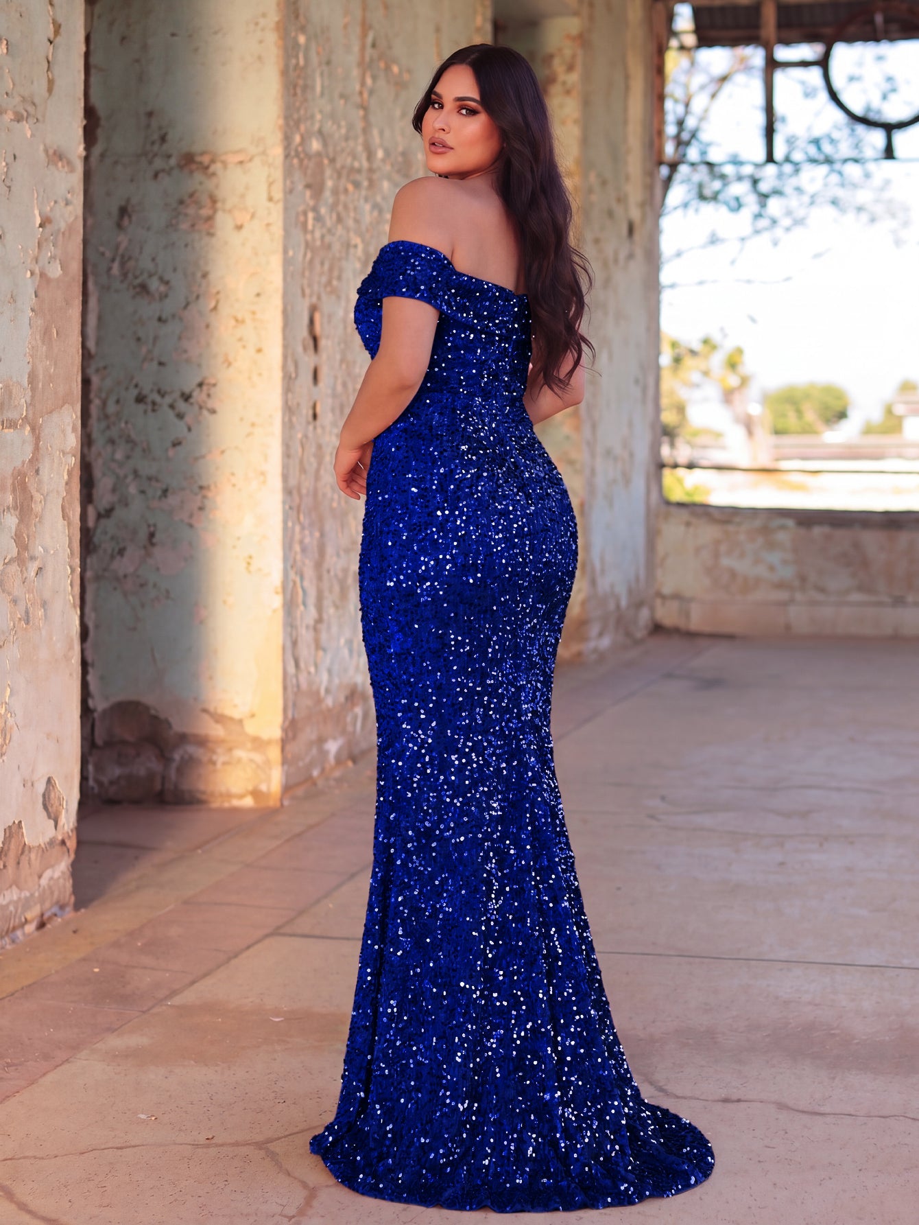 Additional product view of Plus-Size Off-Shoulder Sequin Mermaid Short-Sleeve Evening Gown