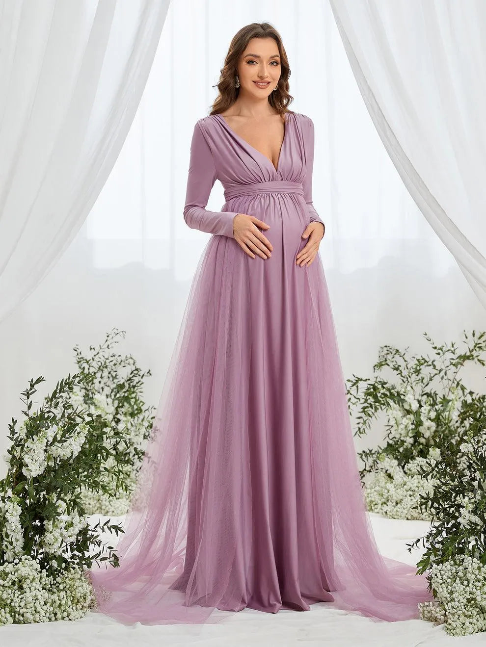 Alternate view of Contrast Mesh Plunging-Neck V-Neck Knit A-Line Maternity Evening Dress in Mauve