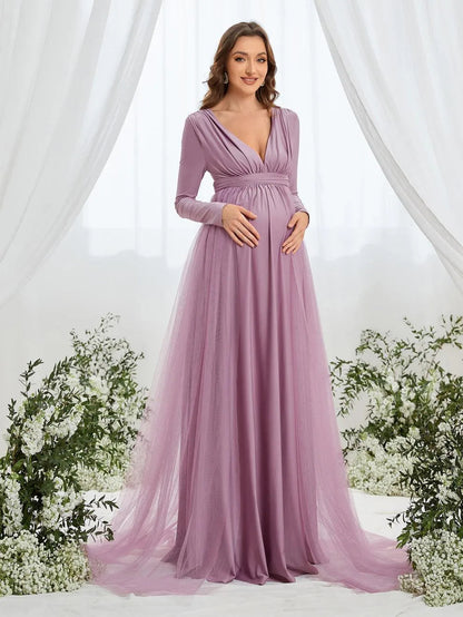 Alternate view of Contrast Mesh Plunging-Neck V-Neck Knit A-Line Maternity Evening Dress in Mauve