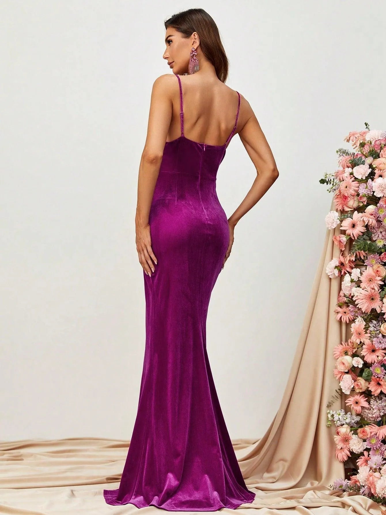 Additional product view of Spaghetti Strap Surplice-Neck Velvet High-Slit Mermaid Evening Gown