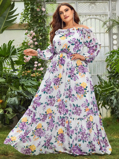 Plus-Size Off-Shoulder Chiffon Floral Long-Sleeve A-Line Evening Gown — authorized product image 4