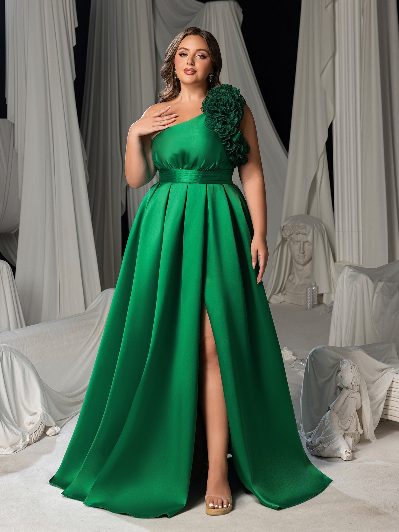 Plus Women's One-Shoulder Formal Dress | Statement Ruffle Trim Accent | Corset Back & High Split – view 3